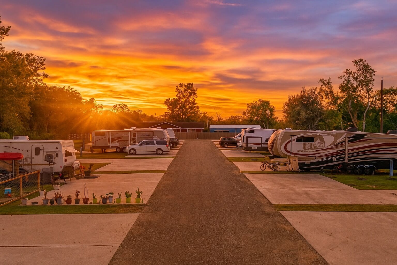 Concrete pads at No Bad Days RV Park at sunset
